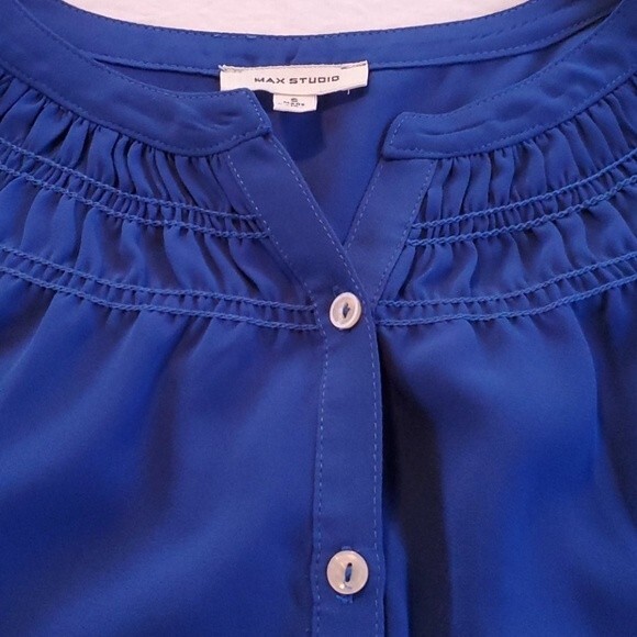MAX STUDIO BLUE BOJO SMOCKED NECK PEASANT TOP BLOUSE SIZE SMALL LONG SLEEVE - Picture 2 of 8